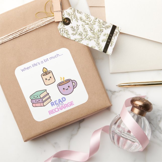 Pegatina Cuadrada Read And Recharge Stickers Kawaii Book Lover Gift  (Regalar)