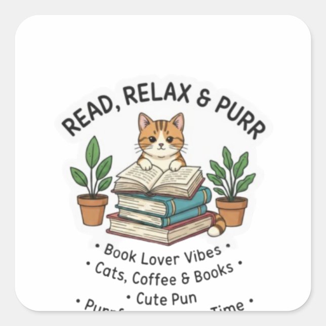 Pegatina Cuadrada Read, Relax & Purr – Cute Cat Reading Books Sticke (Anverso)