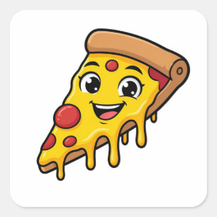 Pegatina Cuadrada Rebanada de pizza divertida y feliz con queso elás