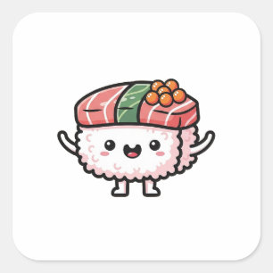Pegatina Cuadrada Rebanada de Sushi Feliz – Ilustración Kawaii Adora