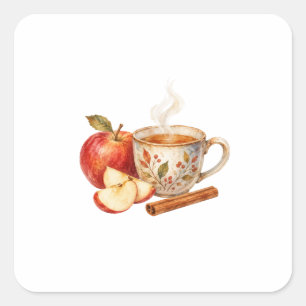 Pegatina Cuadrada Rebanadas de manzana y taza de té
