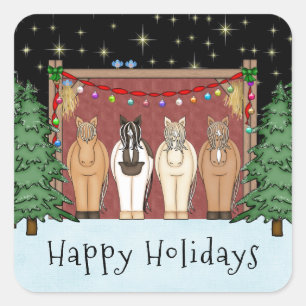 Pegatina Cuadrada Rebaño de caballos lindos Felices Fiestas Caballo 