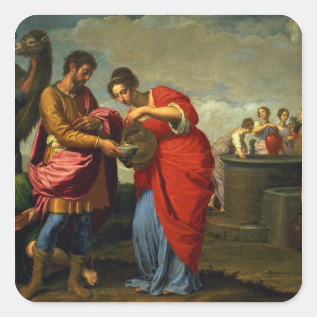 Pegatina Cuadrada Rebecca y Eliezer en el pozo, c.1626-27 (Anverso)