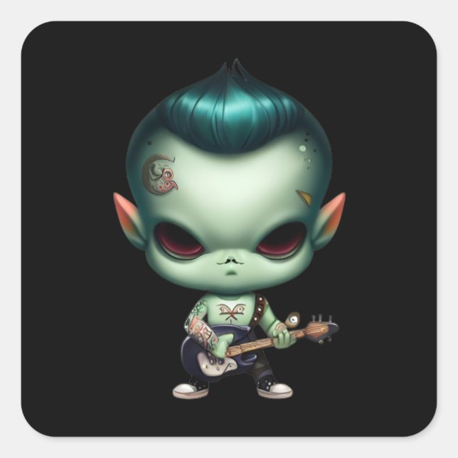 Pegatina Cuadrada Rebel Green Alien Rockstar (Anverso)