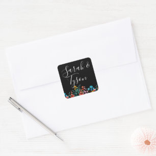 Pegatina Cuadrada Recepción de la boda floral Minimalista negra con