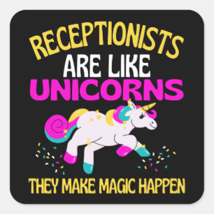 Pegatina Cuadrada Recepcionista Unicornio , Magica recepción unicor