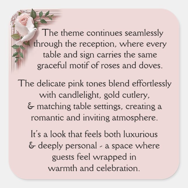 Pegatina Cuadrada Reception Ceremony -  Pink Roses & Doves (Anverso)