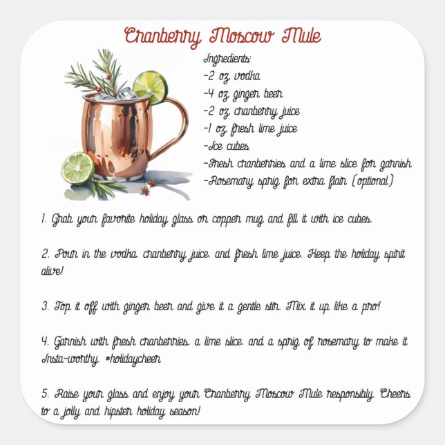 Pegatina Cuadrada Receta de cócteles de la Mule de Cranberry Moscow (Anverso)
