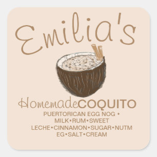 Pegatina Cuadrada Receta de Coquito Bebida de Coco Ingrediente Dibuj