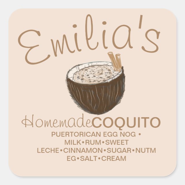Pegatina Cuadrada Receta de Coquito Bebida de Coco Ingrediente Dibuj (Anverso)