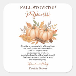 Pegatina Cuadrada Receta de Potpourrí de Fogón de Otoño Calabaza