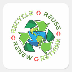 Pegatina Cuadrada Reciclar, Reutilizar, Renovar, Repensar. Salvemos