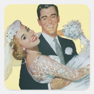 Pegatina Cuadrada Recién casados de boda vintage, novia y novio feli