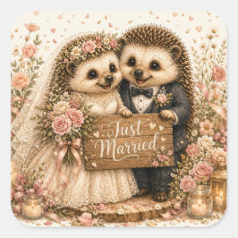 Pegatina Cuadrada Recién Casados Erizo Romántico Cottagecore Boda