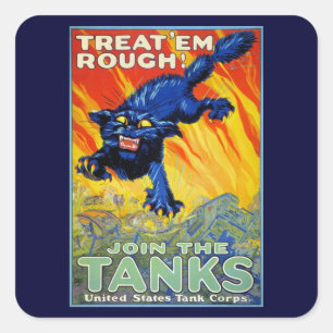 Pegatina Cuadrada Reclutamiento Militar Antiguo con un Gato Salvaje