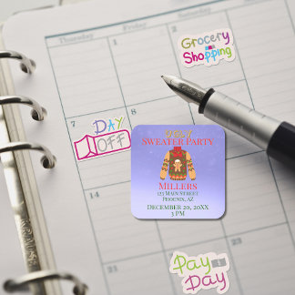 Pegatina Cuadrada Recordatorio de Fiesta de suéter feo