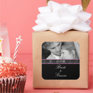 Pegatina Cuadrada Recorte rosado de la novia y el Boda Groom con tu 