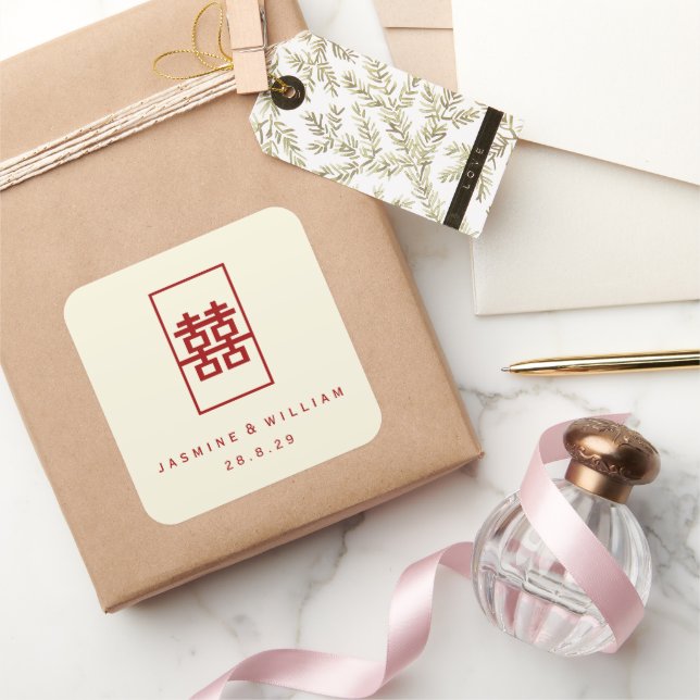 Pegatina Cuadrada Rectángulo doble felicidad simple Boda chino (Regalar)