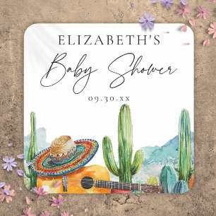 Pegatina Cuadrada Recuerdo de baby shower de Cactus Fiesta Mexicana
