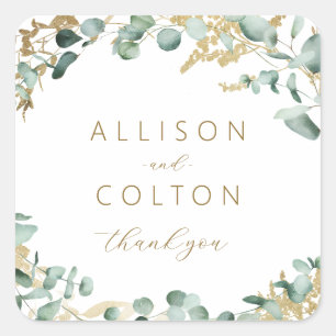 Pegatina Cuadrada Recuerdo de boda boho de eucalipto dorado rústico