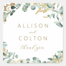 Pegatina Cuadrada Recuerdo de boda boho verde eucalipto dorado rústi