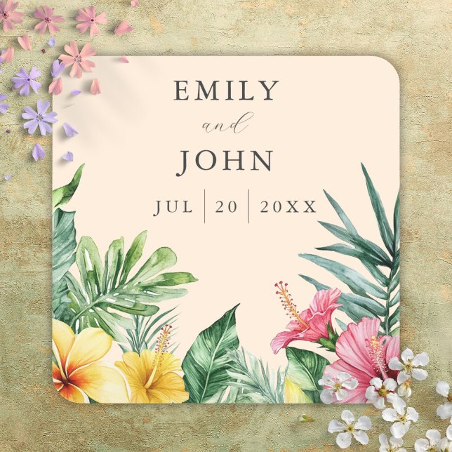 Pegatina Cuadrada Recuerdo de boda Flores Tropicales Acuarela Meloco (Peach Watercolor Tropical Flowers Wedding Favor Square Sticker)