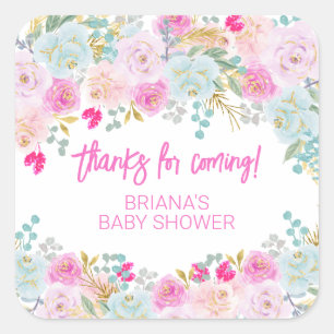 Pegatina Cuadrada Recuerdos de baby shower de niño con flores rosada