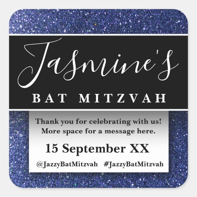 Pegatina Cuadrada Recuerdos de cumpleaños con brillo moderno agradec (Anverso)