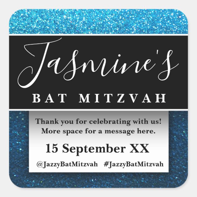 Pegatina Cuadrada Recuerdos de cumpleaños con brillo moderno agradec (Anverso)