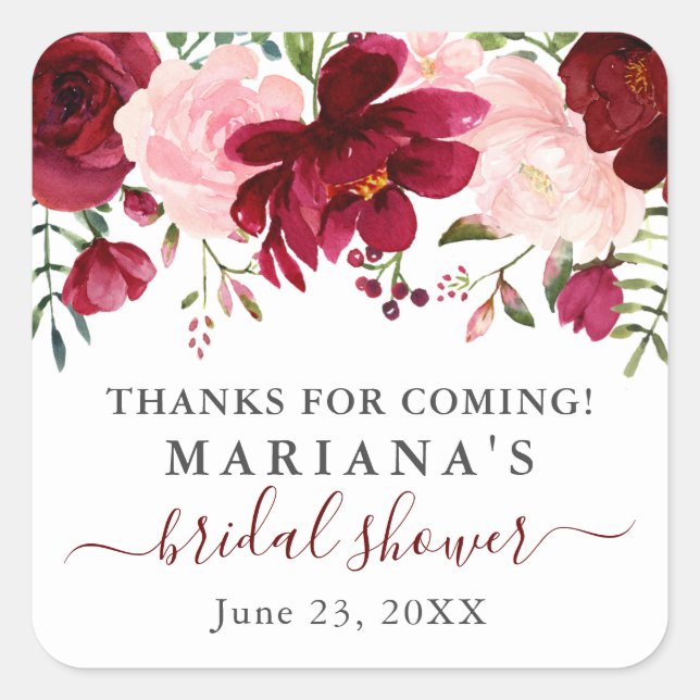 Pegatina Cuadrada Recuerdos de Despedida de Soltera con Flores Rosad (Anverso)