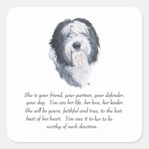 Pegatina Cuadrada Recuerdos de Old English Sheepdog
