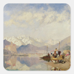Pegatina Cuadrada Recuerdos del Lago Maggiore, día de mercado en