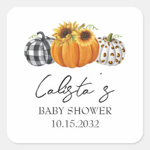 Pegatina Cuadrada Recuerdos para Baby Shower de Calabaza de Otoño y