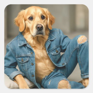 Pegatina Cuadrada Recuperador de oro posando en jeans azules