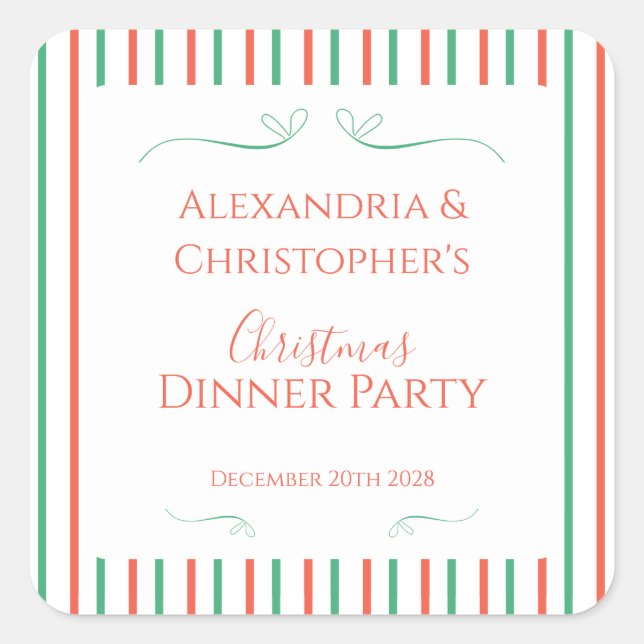 Pegatina Cuadrada Red and Green Stripe Christmas Dinner Party (Anverso)