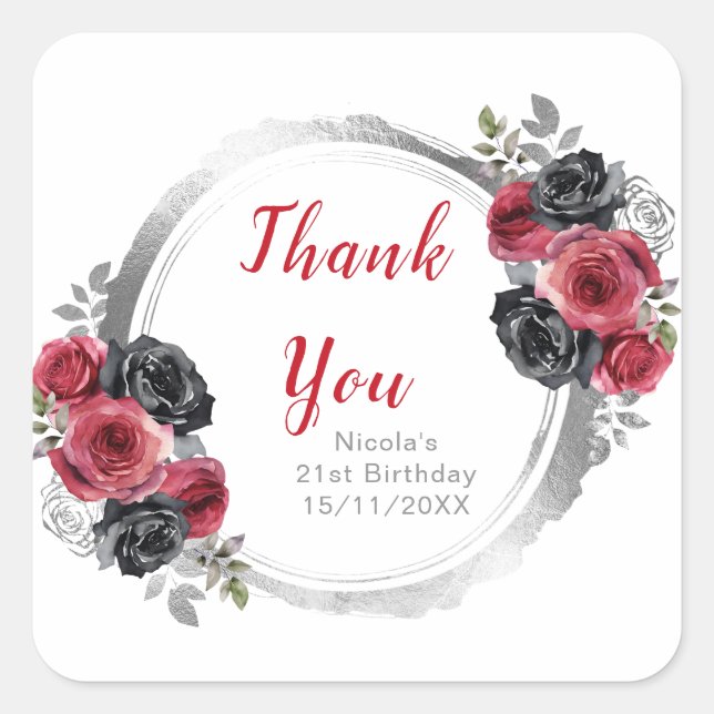 Pegatina Cuadrada Red and Silver Elegant Flowers Birthday Party (Anverso)