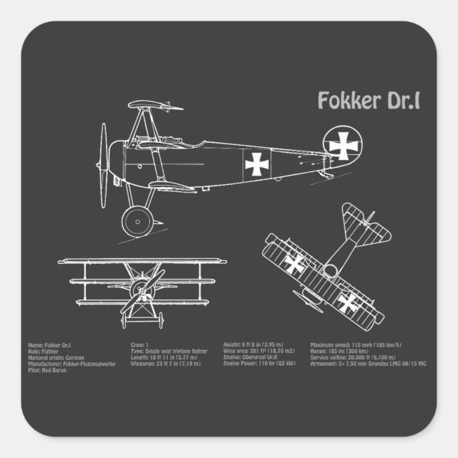 Pegatina Cuadrada Red Baron Fokker Dr. 1 - Aerplane Blueprint PD (Anverso)