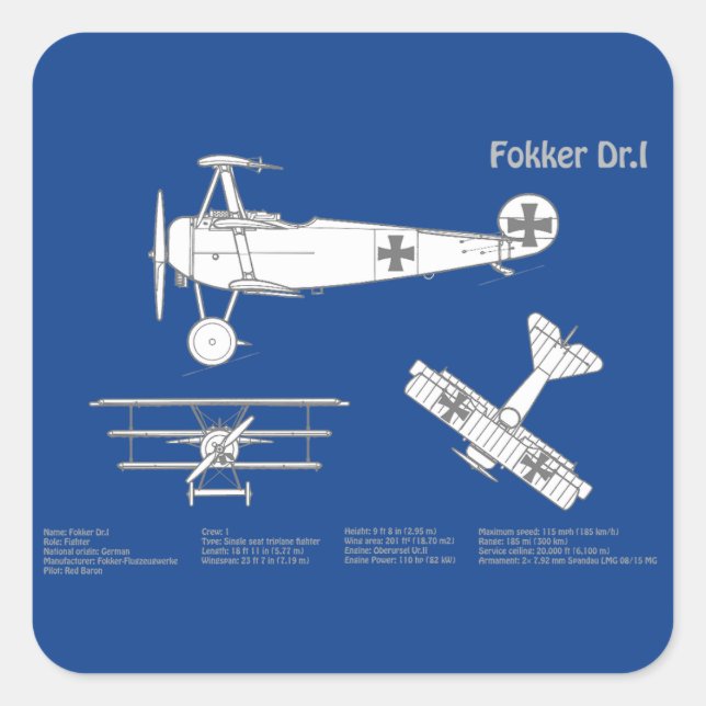 Pegatina Cuadrada Red Baron Fokker Dr. 1 - Airplane Blueprint ABD (Anverso)