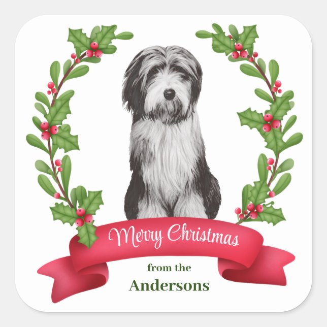 Pegatina Cuadrada Red Berry Holly Banner Beardie Dog Navidades (Anverso)