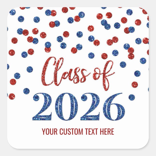 Pegatina Cuadrada Red Blue Confetti Graduation 2026 (Anverso)