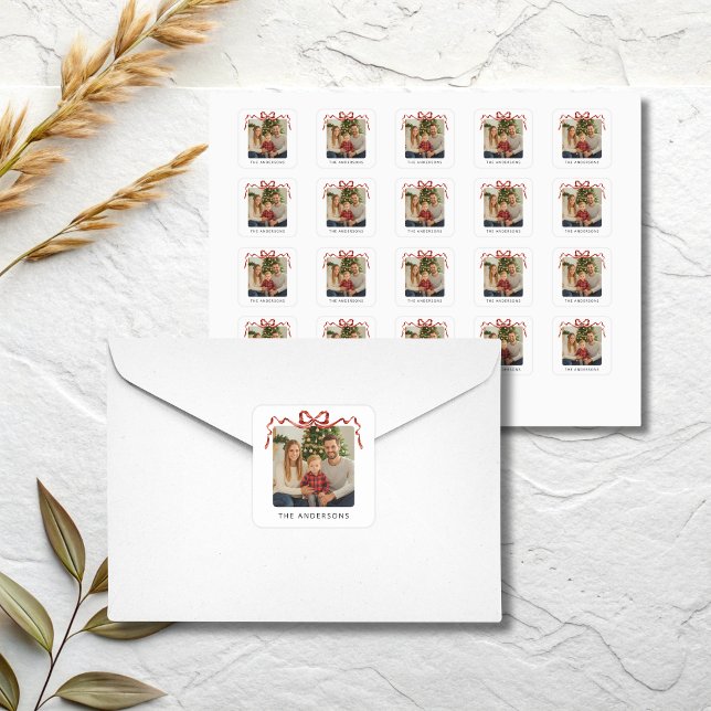 Pegatina Cuadrada Red Bow Christmas Photo (Red bow christmas photo square stickers)