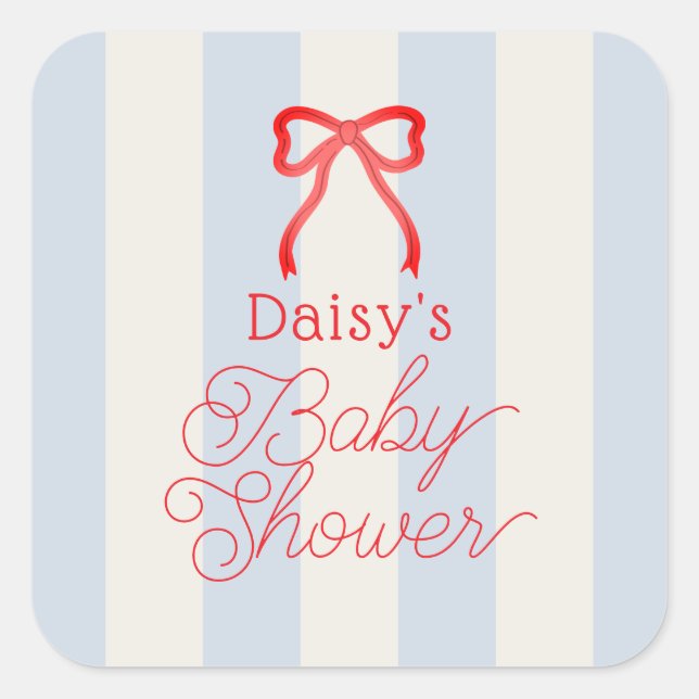Pegatina Cuadrada Red Bow & Pale Blue Stripes Baby Shower (Anverso)