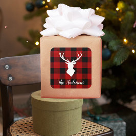 Pegatina Cuadrada Red Buffalo Plaid & Deer | Entrega de nombre perso