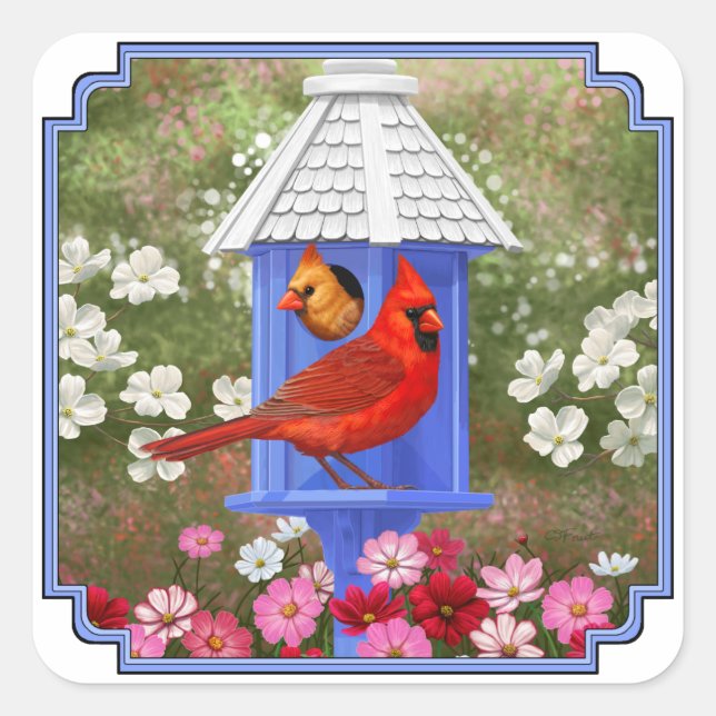 Pegatina Cuadrada Red Cardinals Bird House Flower Garden (Anverso)
