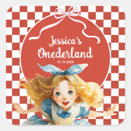 Pegatina Cuadrada Red Checkered Alice in ONEDERLAND 1st Birthday 