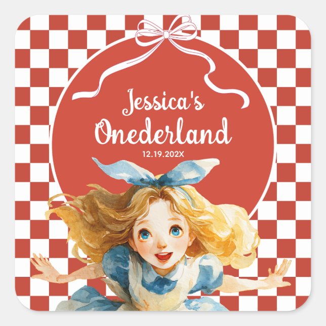 Pegatina Cuadrada Red Checkered Alice in ONEDERLAND 1st Birthday  (Anverso)