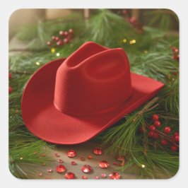 Pegatina Cuadrada Red Christmas Cowboy Hat