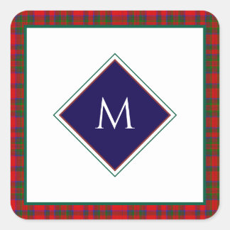 Pegatina Cuadrada Red Christmas Wool Texture Plaid with Monogram