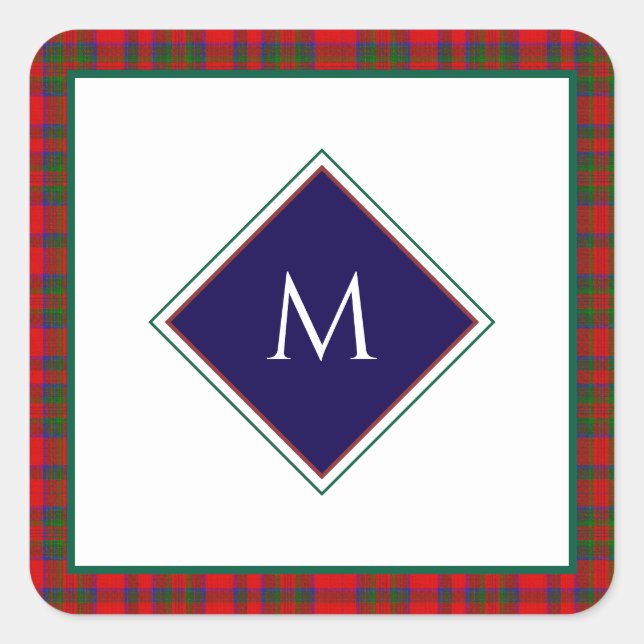 Pegatina Cuadrada Red Christmas Wool Texture Plaid with Monogram (Anverso)