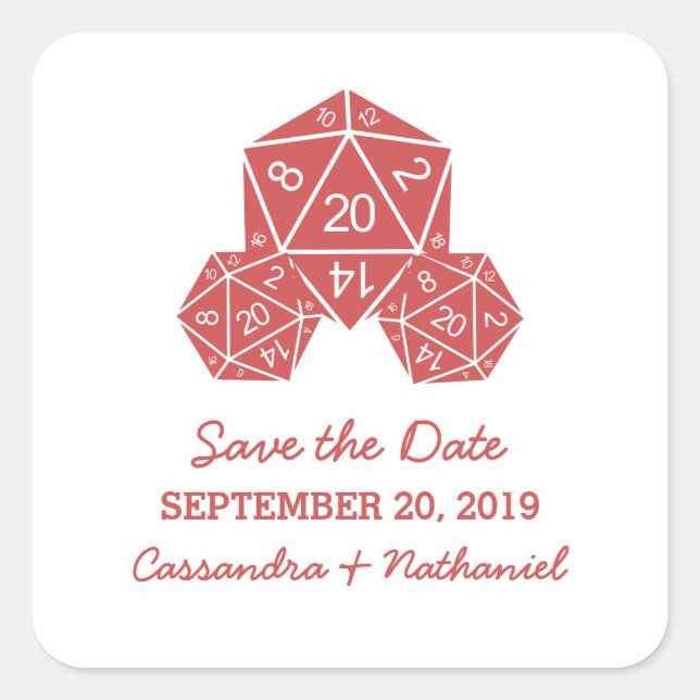 Pegatina Cuadrada Red D20 Dice Guardar los Pegatinas de fechas (Anverso)